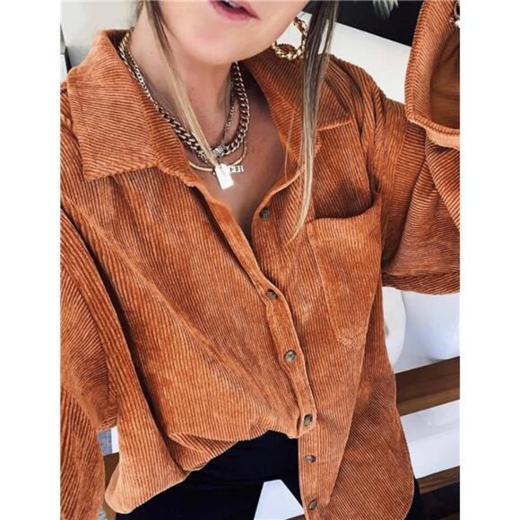 Womens Corduroy Shirt Long Sleeve Oversized Button Up V Neck Blouses - Picture 3 of 6